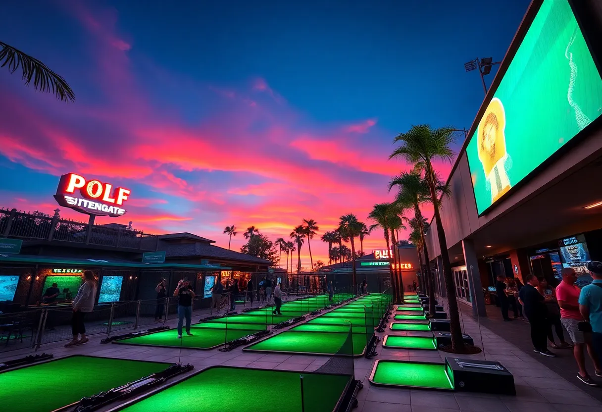 Lit outdoor hitting bays with players and palm trees at dusk at a golf entertainment venue in Tampa