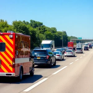 Traffic backup on I-75 with emergency vehicles responding to an incident.