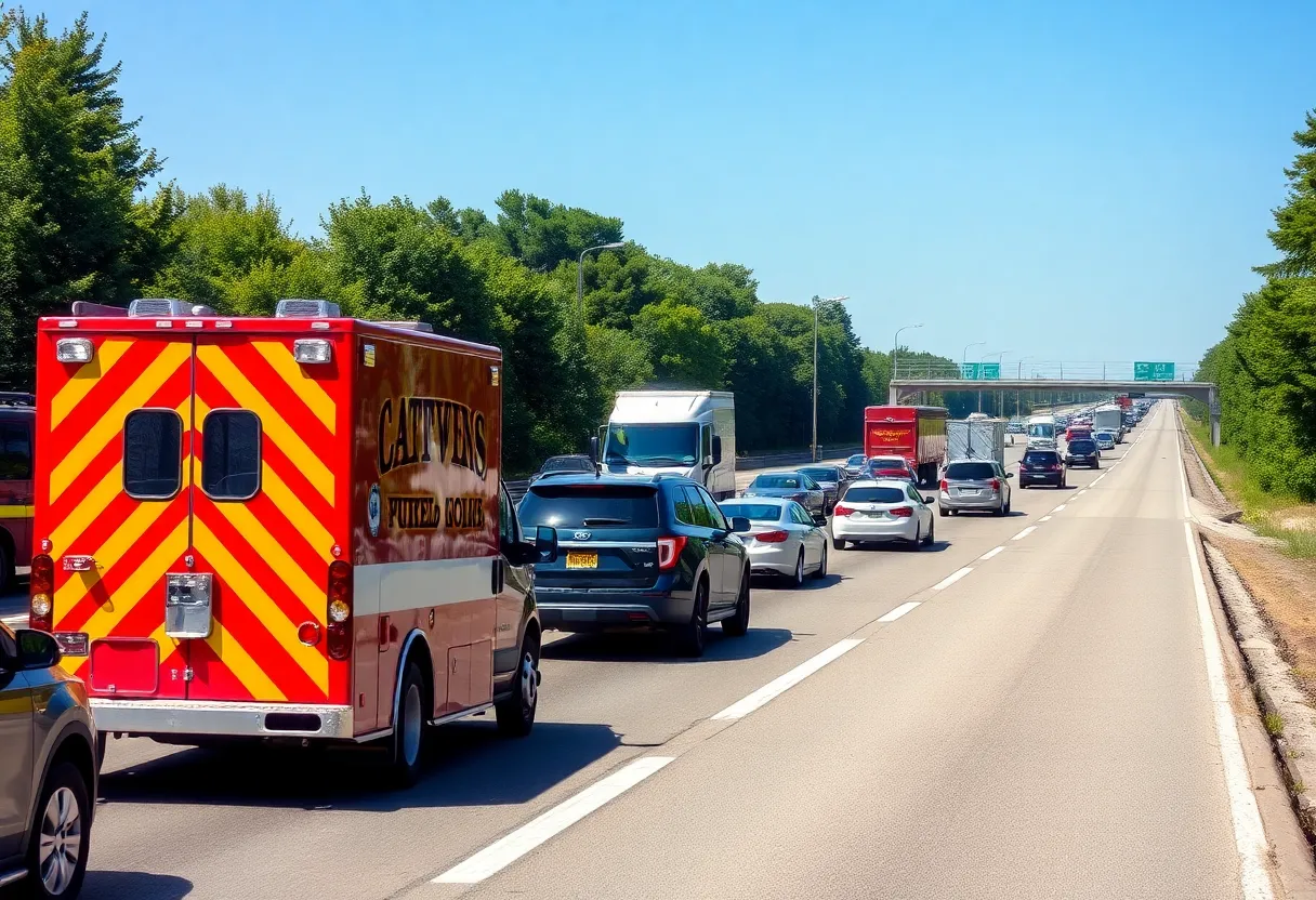 Traffic backup on I-75 with emergency vehicles responding to an incident.