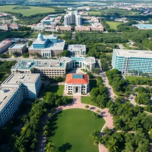 Aerial view of the University of Miami showing green spaces and buildings.
