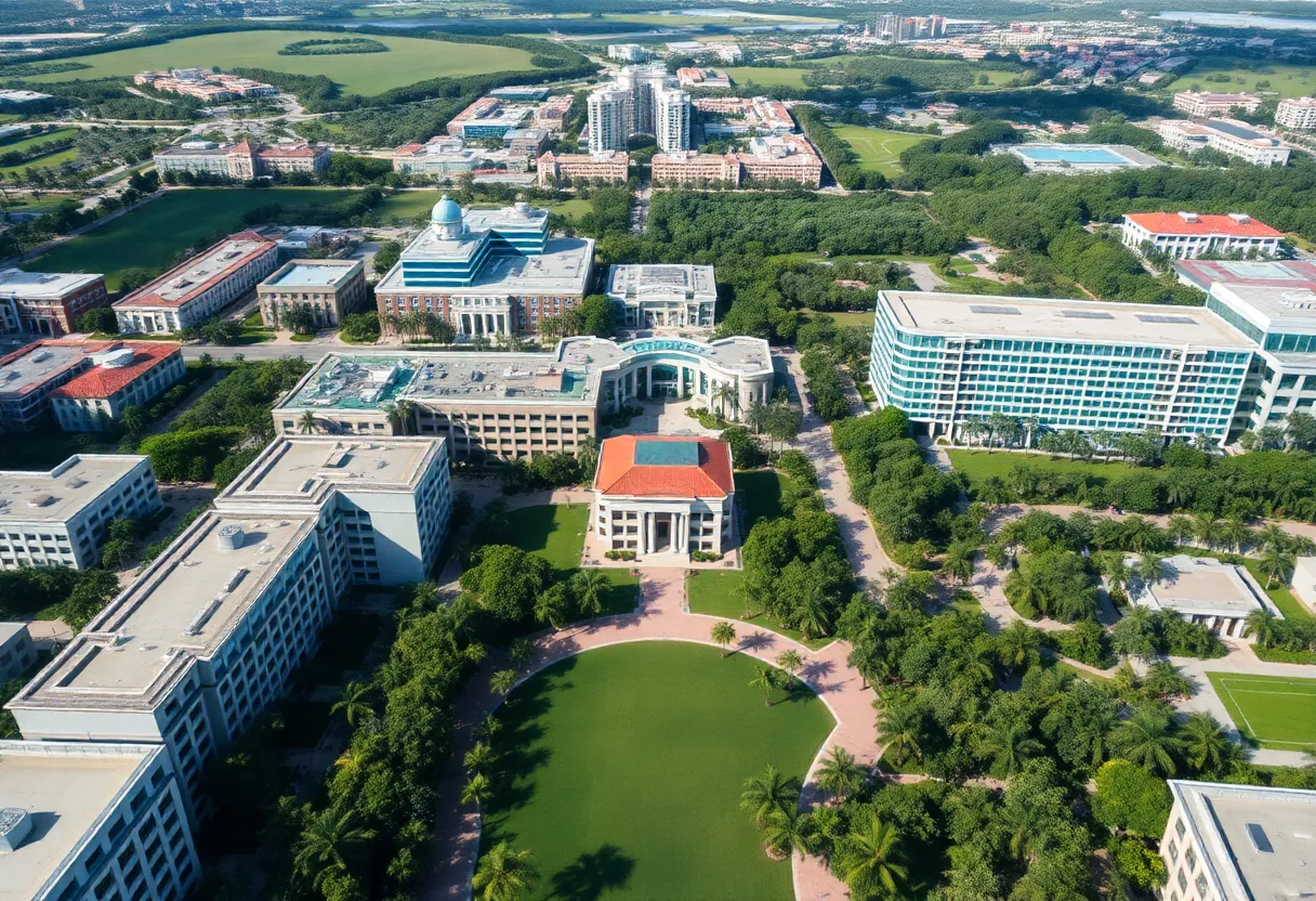 Aerial view of the University of Miami showing green spaces and buildings.