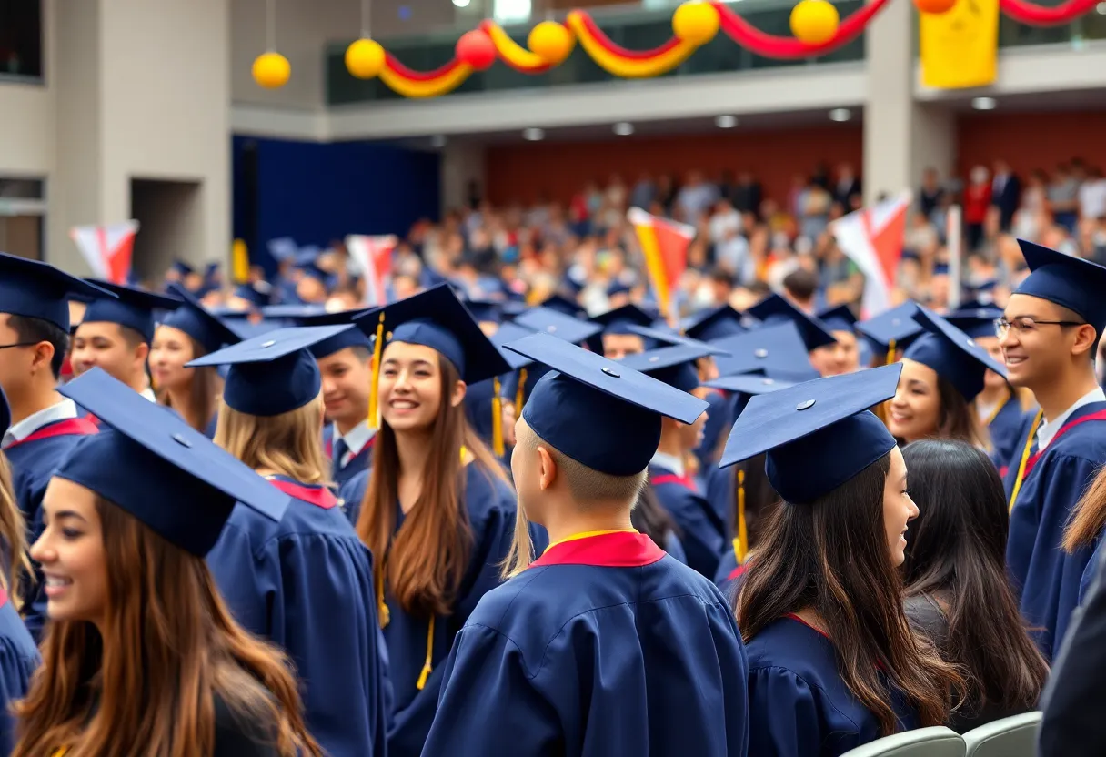 A diverse group of graduates celebrating at the USF commencement ceremony