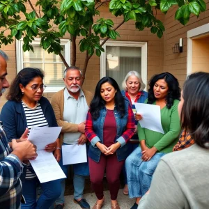 Community meeting among tenants regarding eviction concerns at Westwood Crossing apartments.