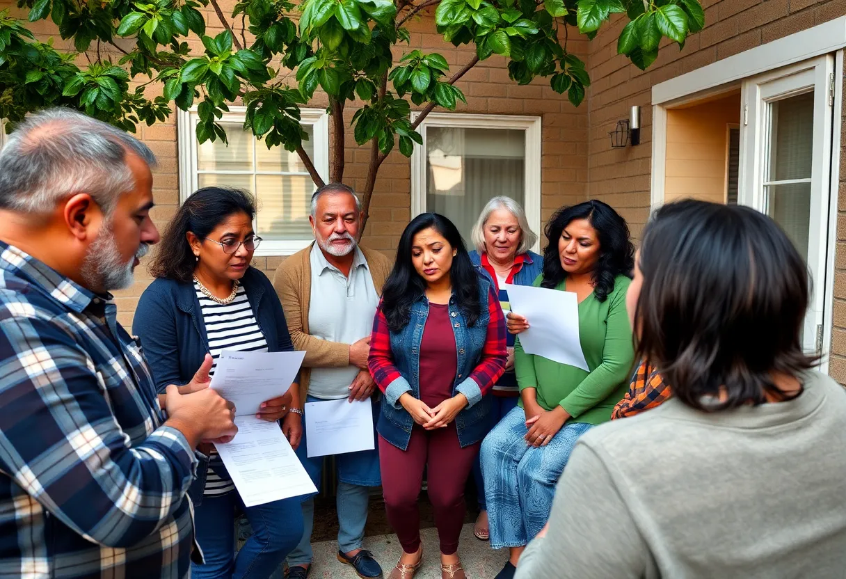 Community meeting among tenants regarding eviction concerns at Westwood Crossing apartments.