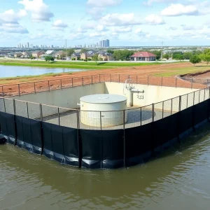 AquaFence protecting wastewater lift station from flood waters