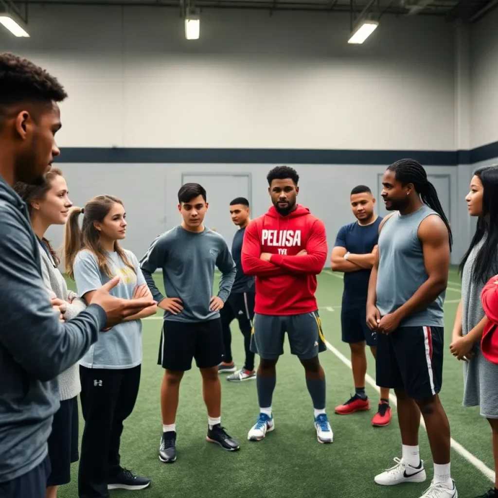 High school students participating in mentorship program with Buccaneers players.