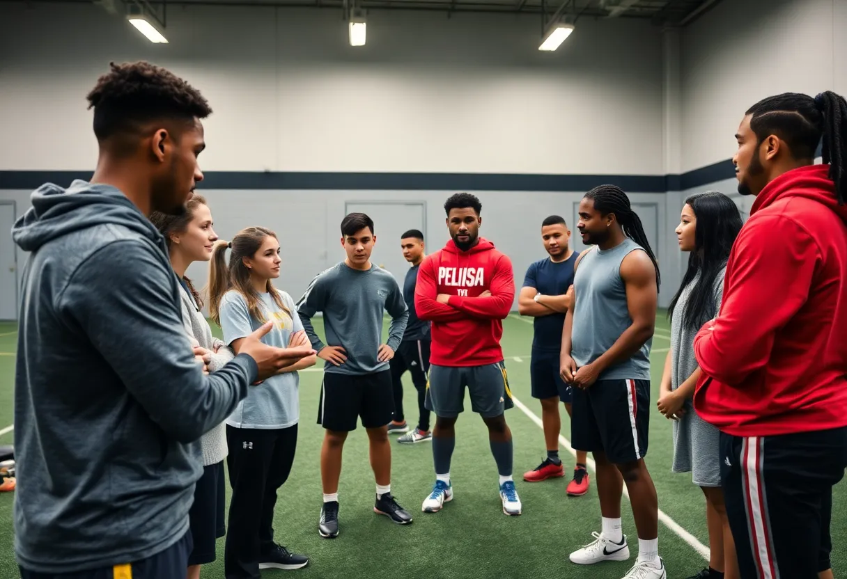 High school students participating in mentorship program with Buccaneers players.