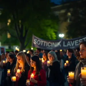 Attendees of a candlelight vigil holding candles and making tributes at a university campus.