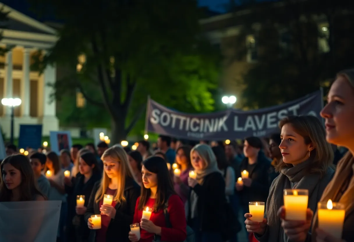 Attendees of a candlelight vigil holding candles and making tributes at a university campus.
