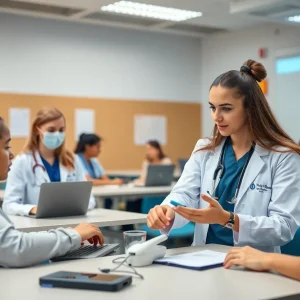 Students engaged in health career training