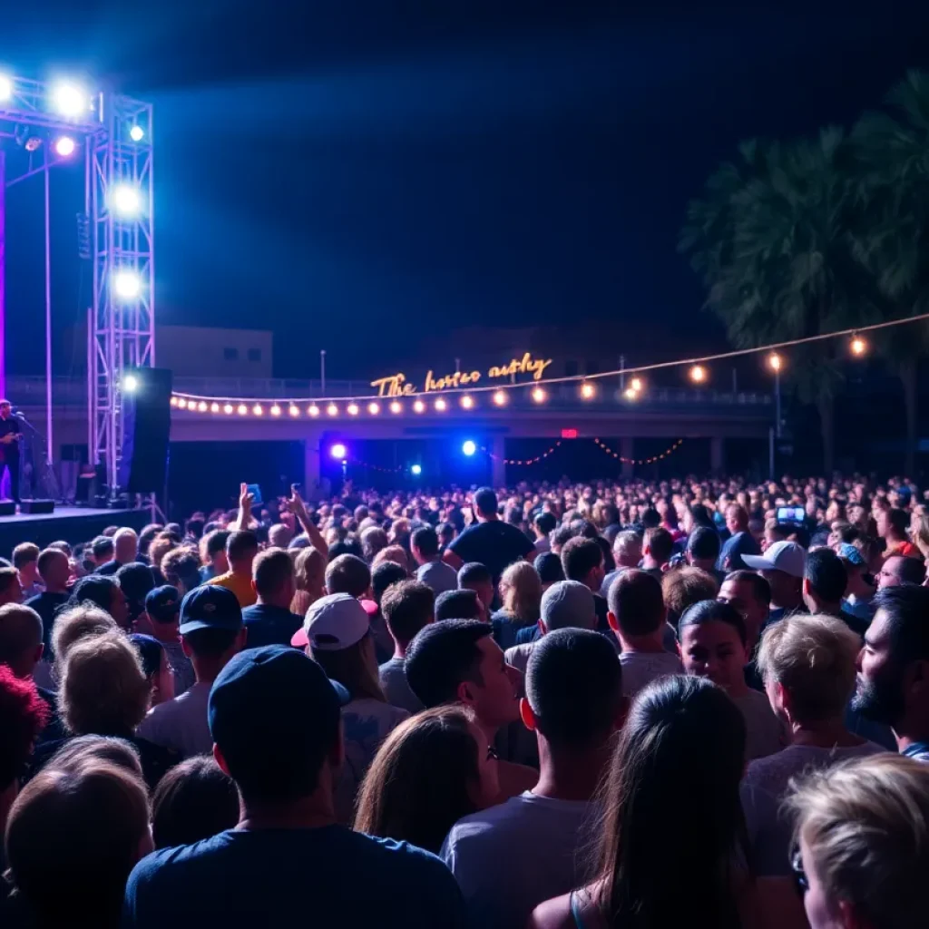 Concert scene in Tampa Bay with lively audience and bright lights.