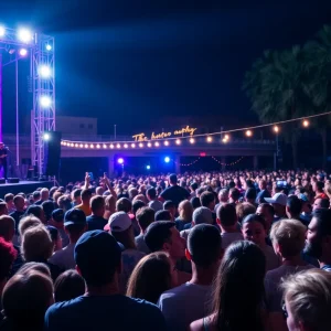 Concert scene in Tampa Bay with lively audience and bright lights.