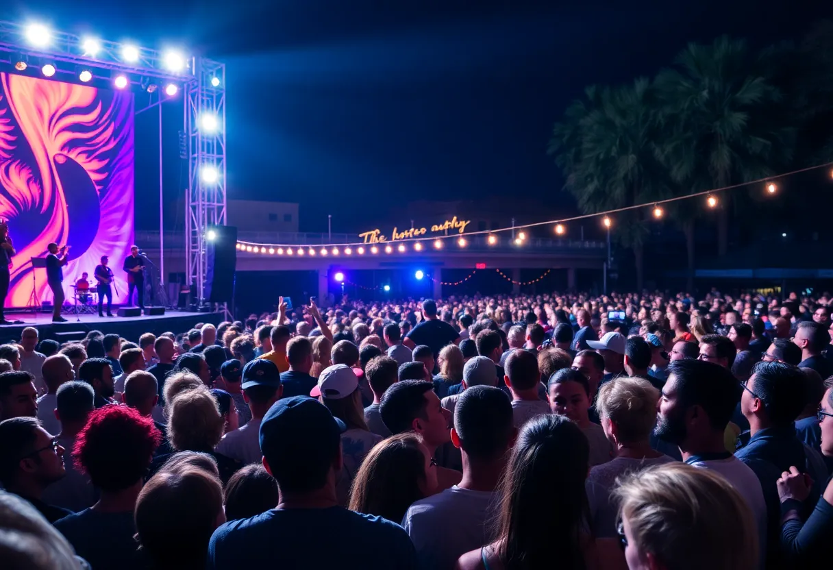 Concert scene in Tampa Bay with lively audience and bright lights.
