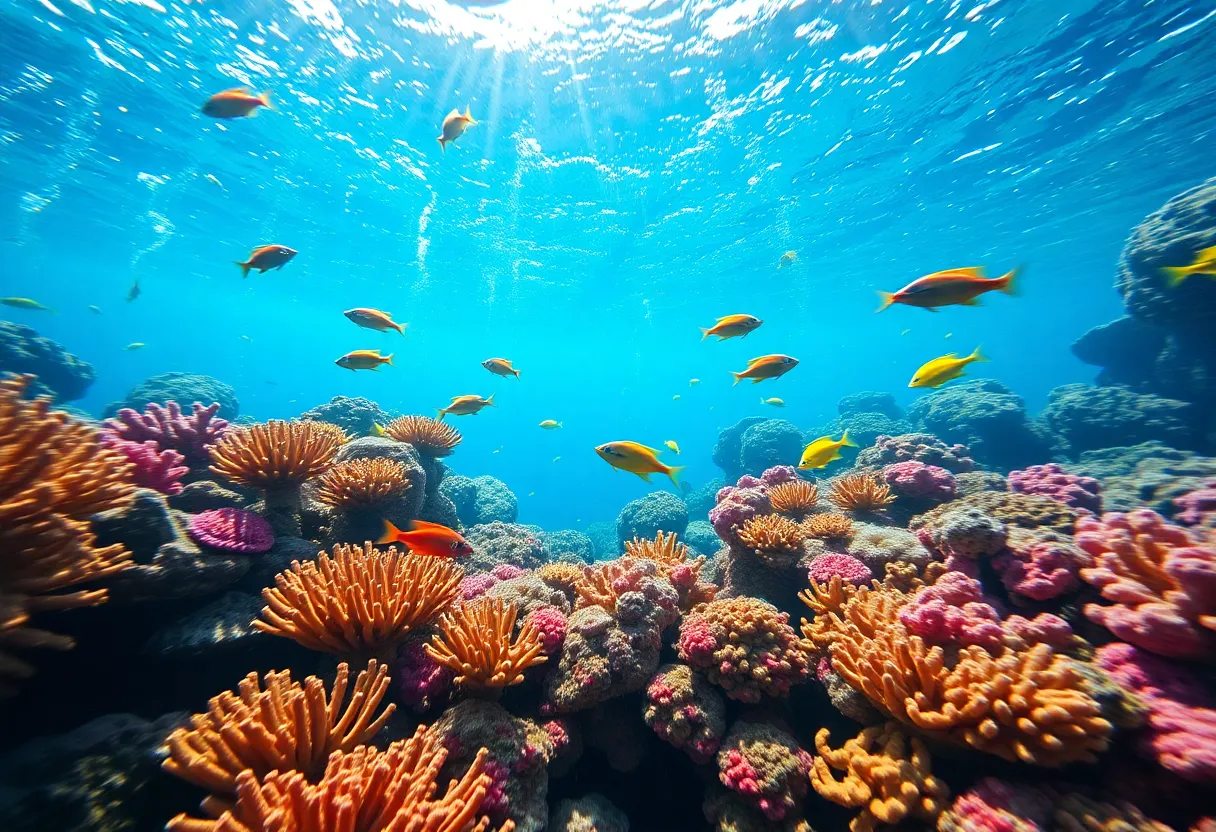 Underwater coral reef thriving with marine life.