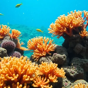 Vibrant coral reef teeming with marine life, showcasing coral restoration initiatives.