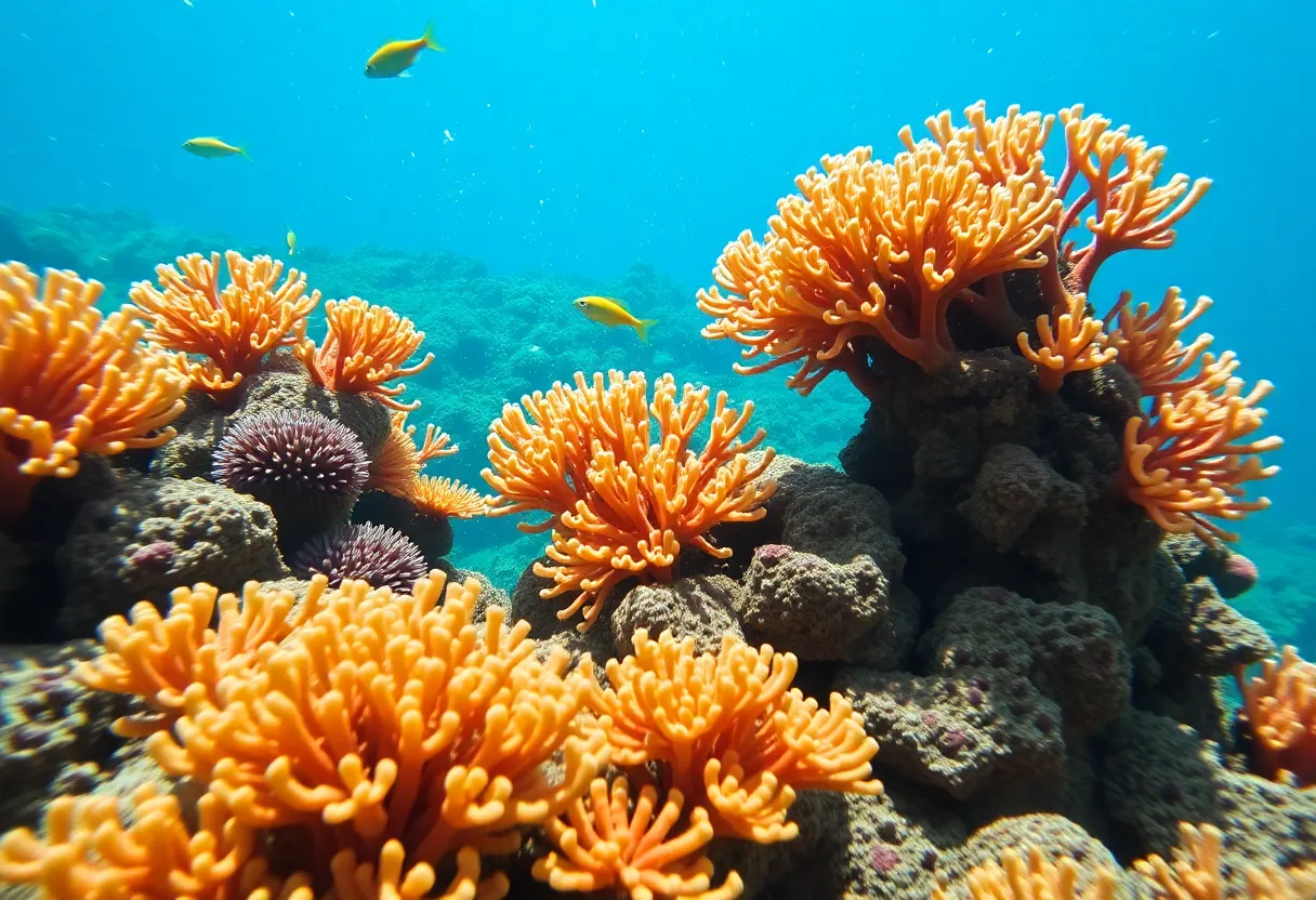 Vibrant coral reef teeming with marine life, showcasing coral restoration initiatives.