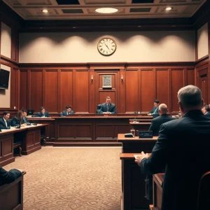 Courtroom setting with legal documents and gavel