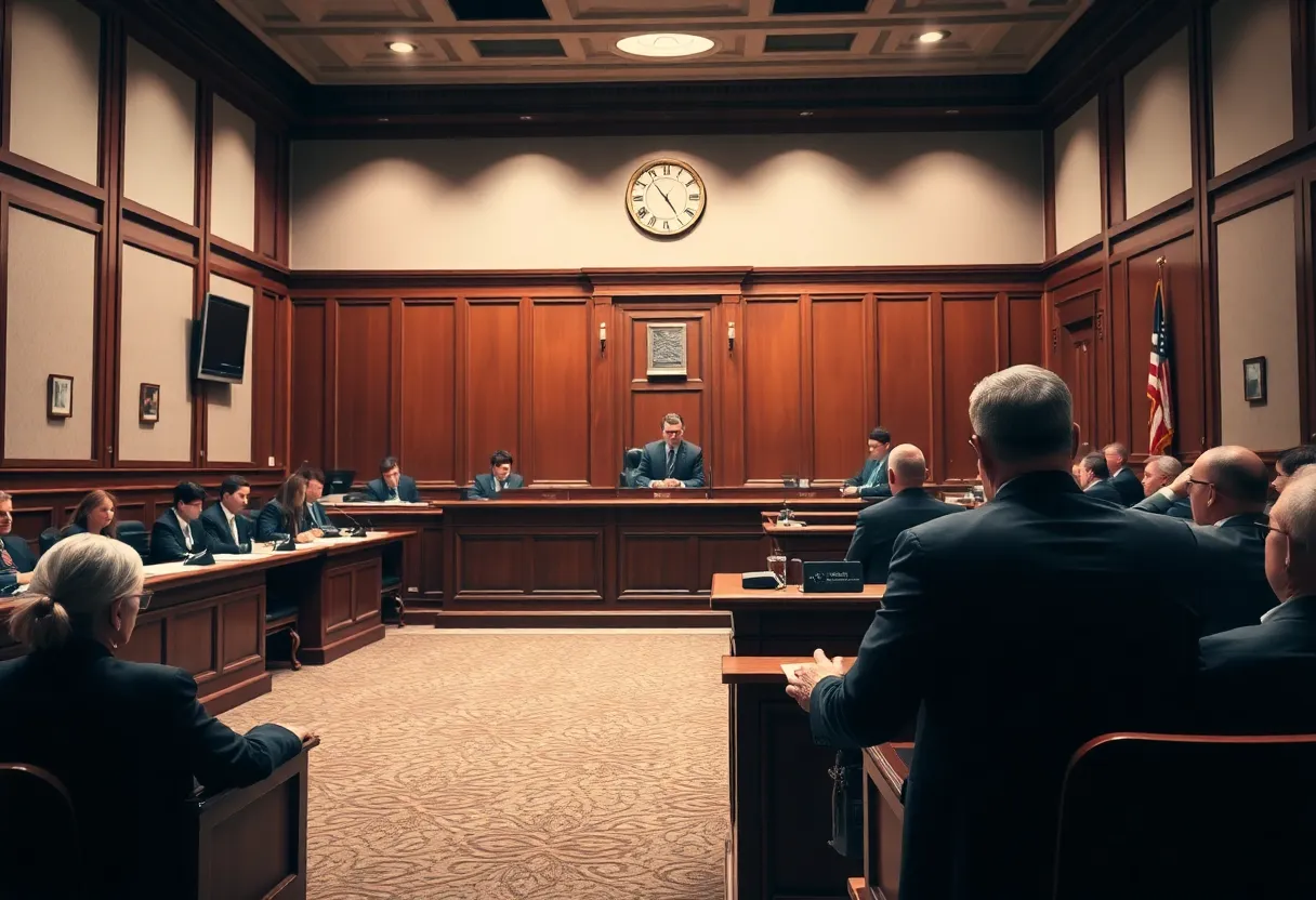 Courtroom setting with legal documents and gavel