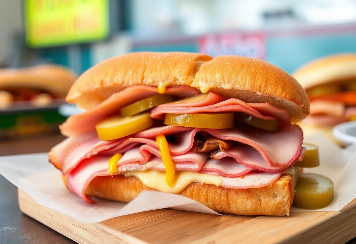 Delicious Cuban sandwich with roasted pork, ham, and cheese.