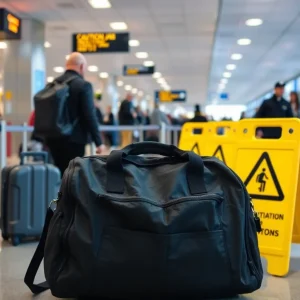 Customs security personnel investigating bags at Tampa Airport.