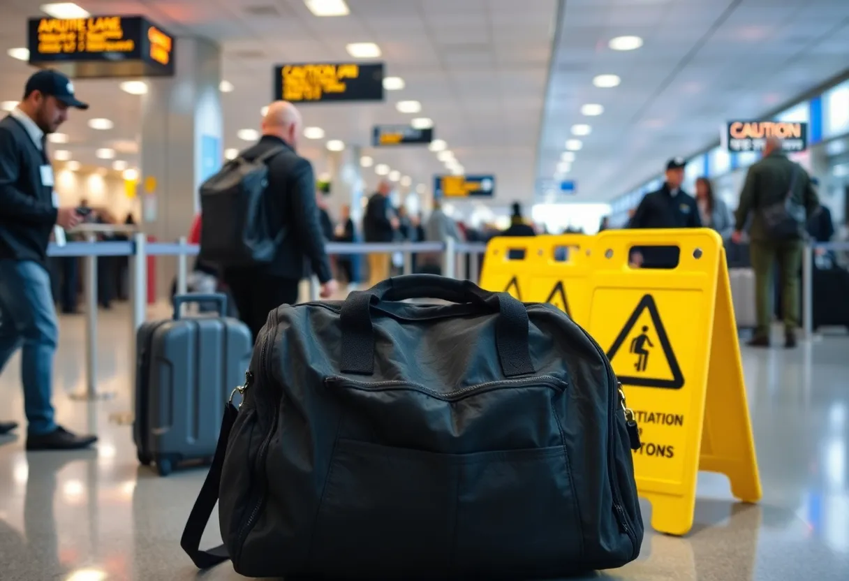 Customs security personnel investigating bags at Tampa Airport.