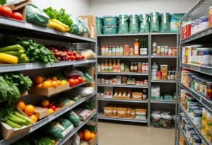 Food pantry shelves filled with fresh produce and perishable items at the university.