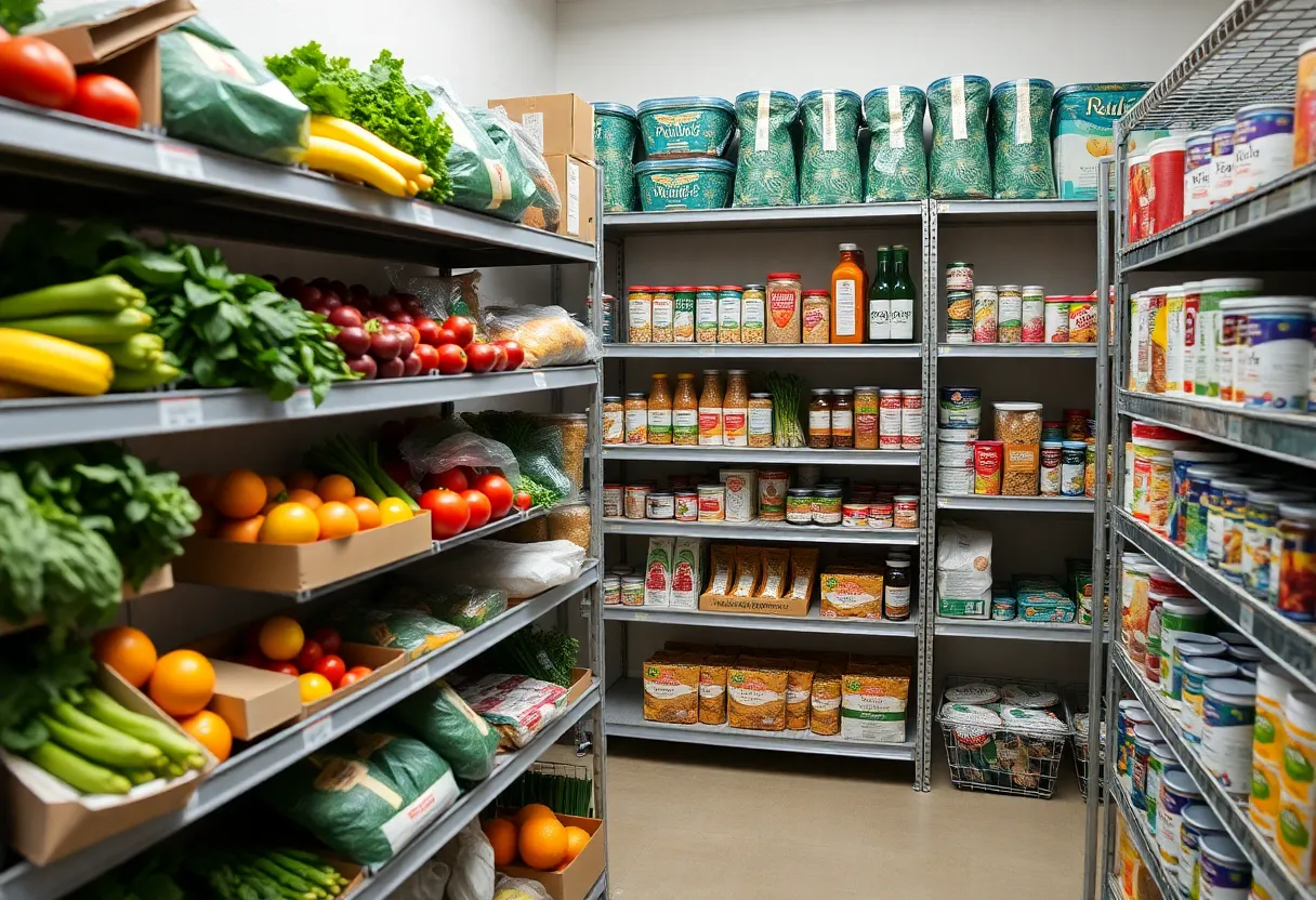 Food pantry shelves filled with fresh produce and perishable items at the university.