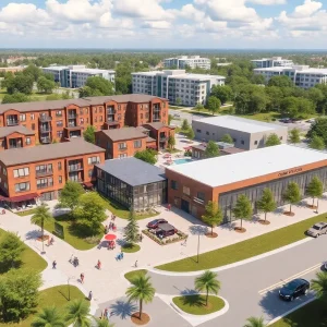 Conceptual image of the Fletcher District mixed-use development in Tampa with housing, retail, and academic spaces.
