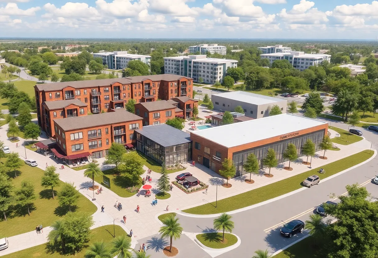 Conceptual image of the Fletcher District mixed-use development in Tampa with housing, retail, and academic spaces.