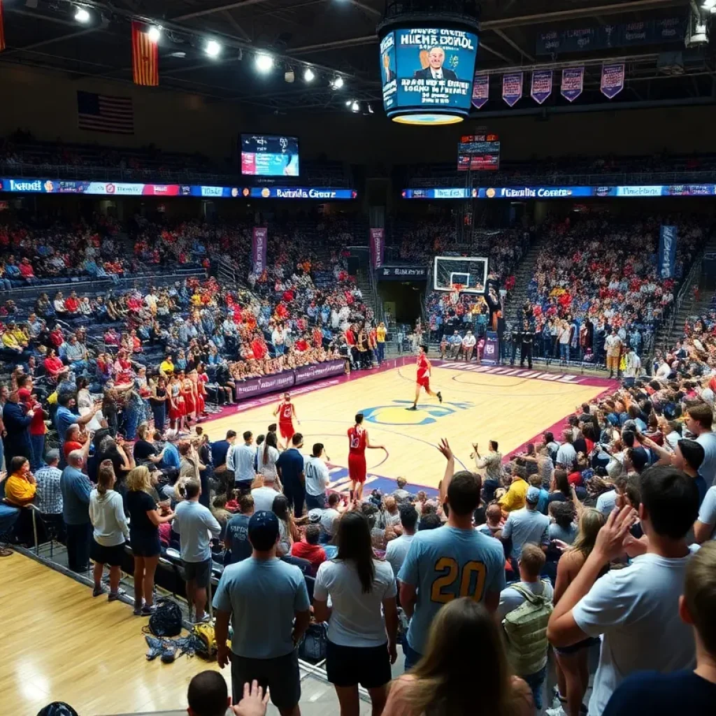 Fans enjoying the Florida High School Basketball Championships at a lively arena.