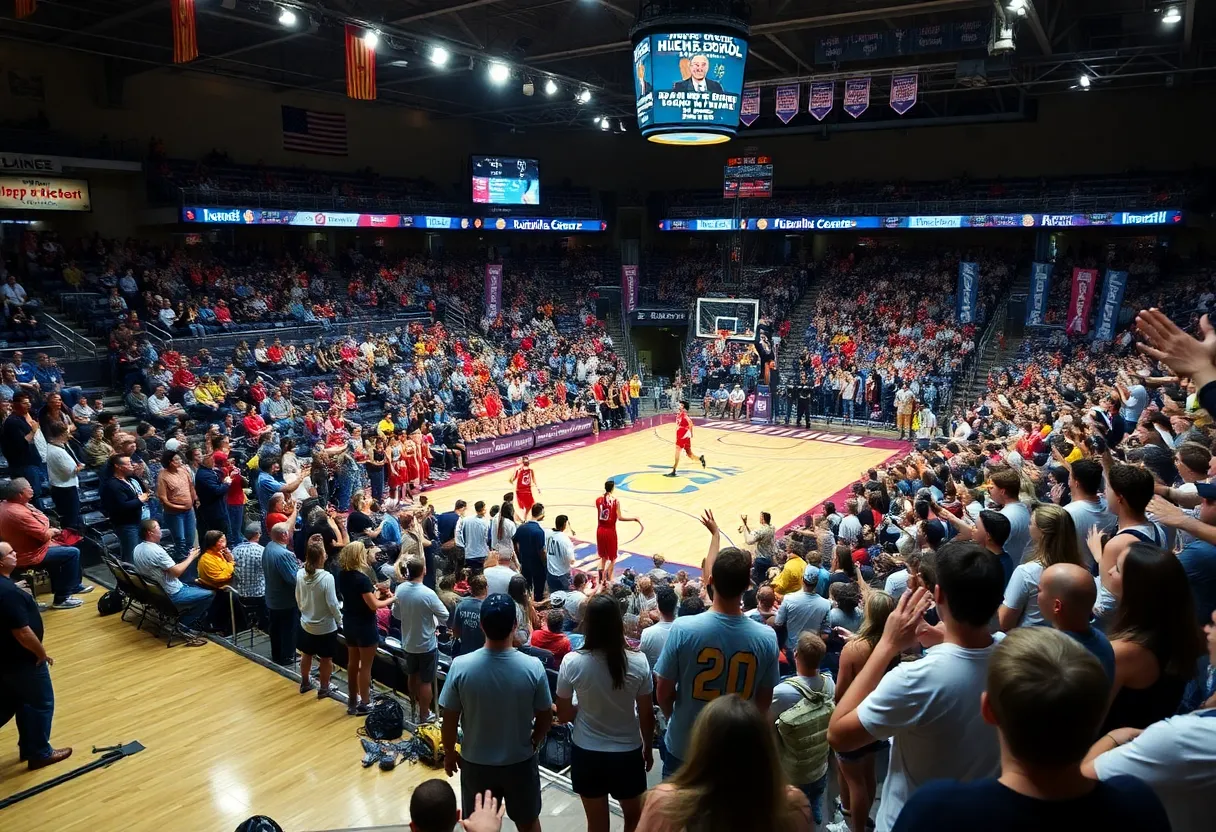 Fans enjoying the Florida High School Basketball Championships at a lively arena.