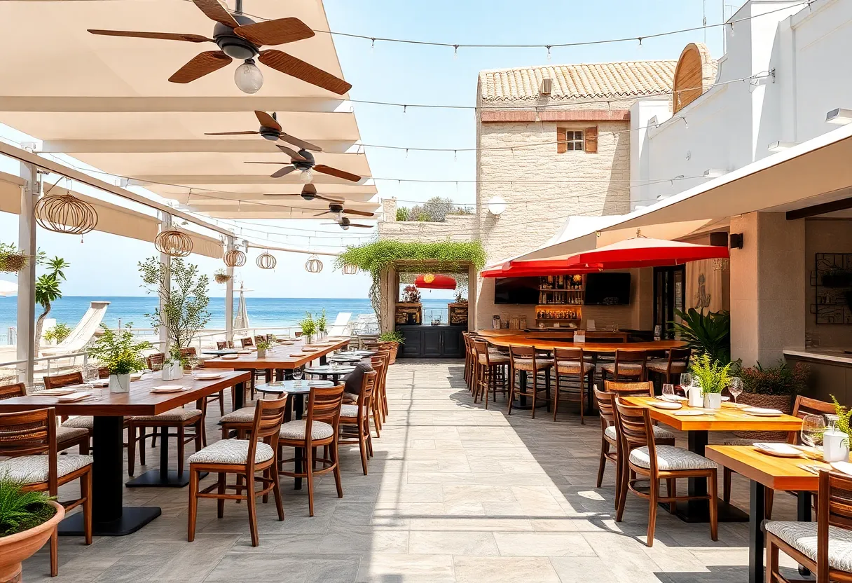 Forbici Modern Italian restaurant interior with outdoor seating and bar.