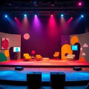 The stage of Goddess of the Hunt showcasing a backdrop of abstract social media elements.