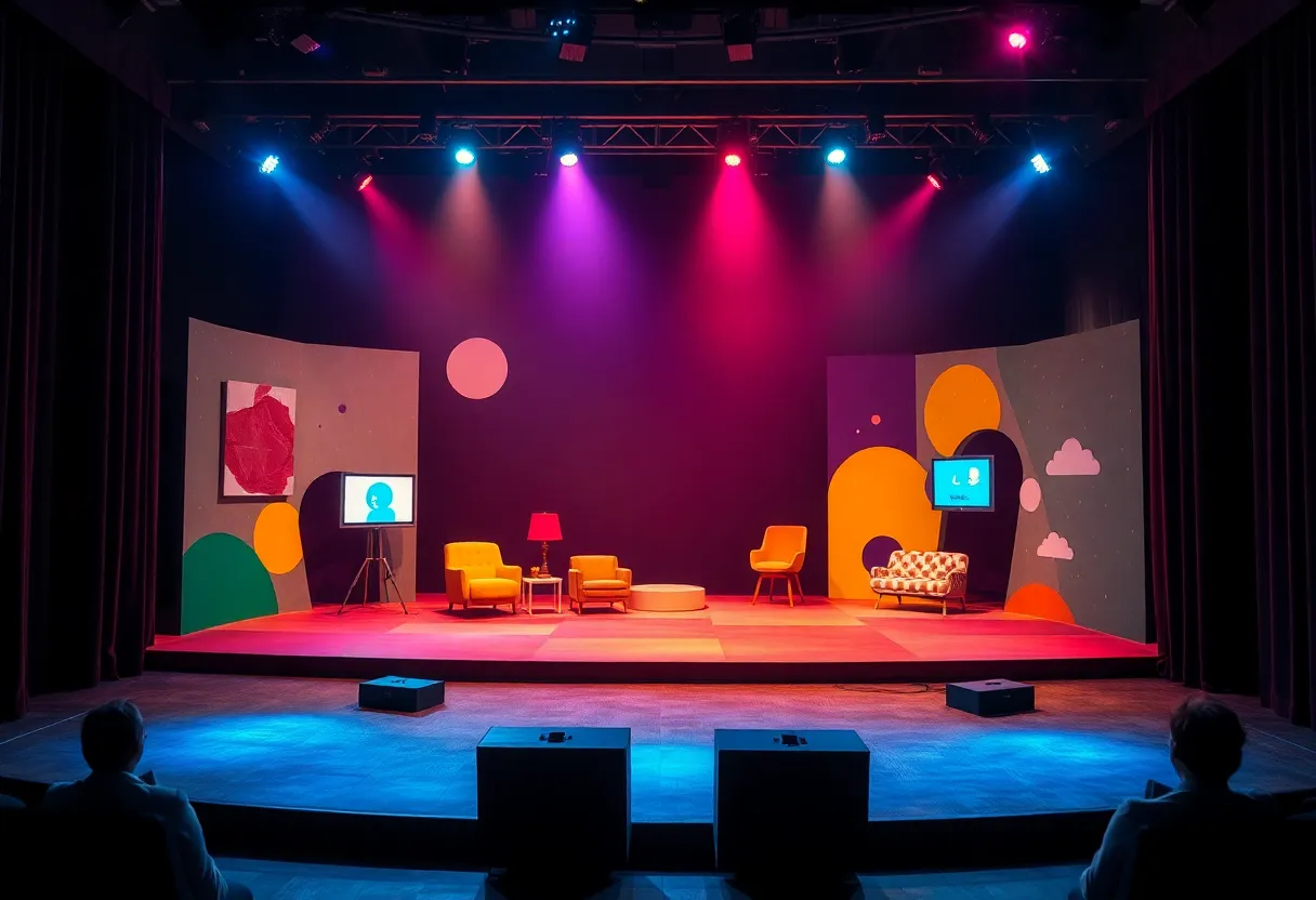 The stage of Goddess of the Hunt showcasing a backdrop of abstract social media elements.