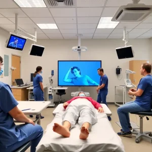 A healthcare simulation training environment showcasing medical mannequins and training equipment for students.