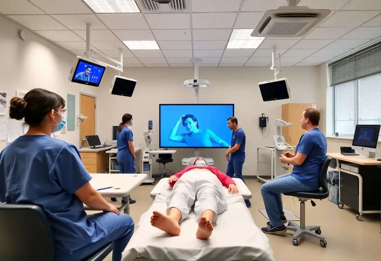 A healthcare simulation training environment showcasing medical mannequins and training equipment for students.