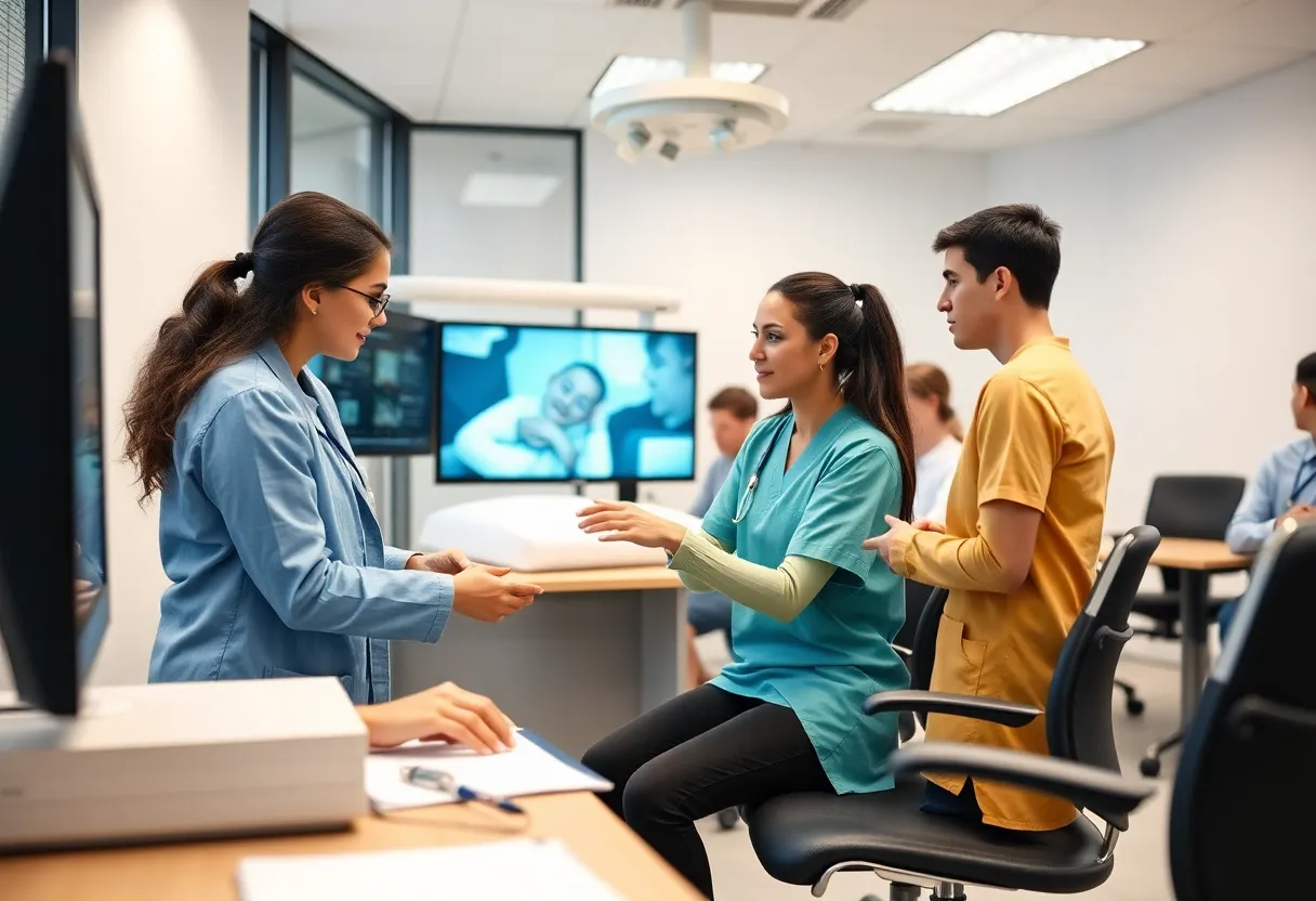 Students participating in healthcare simulation training at a university.