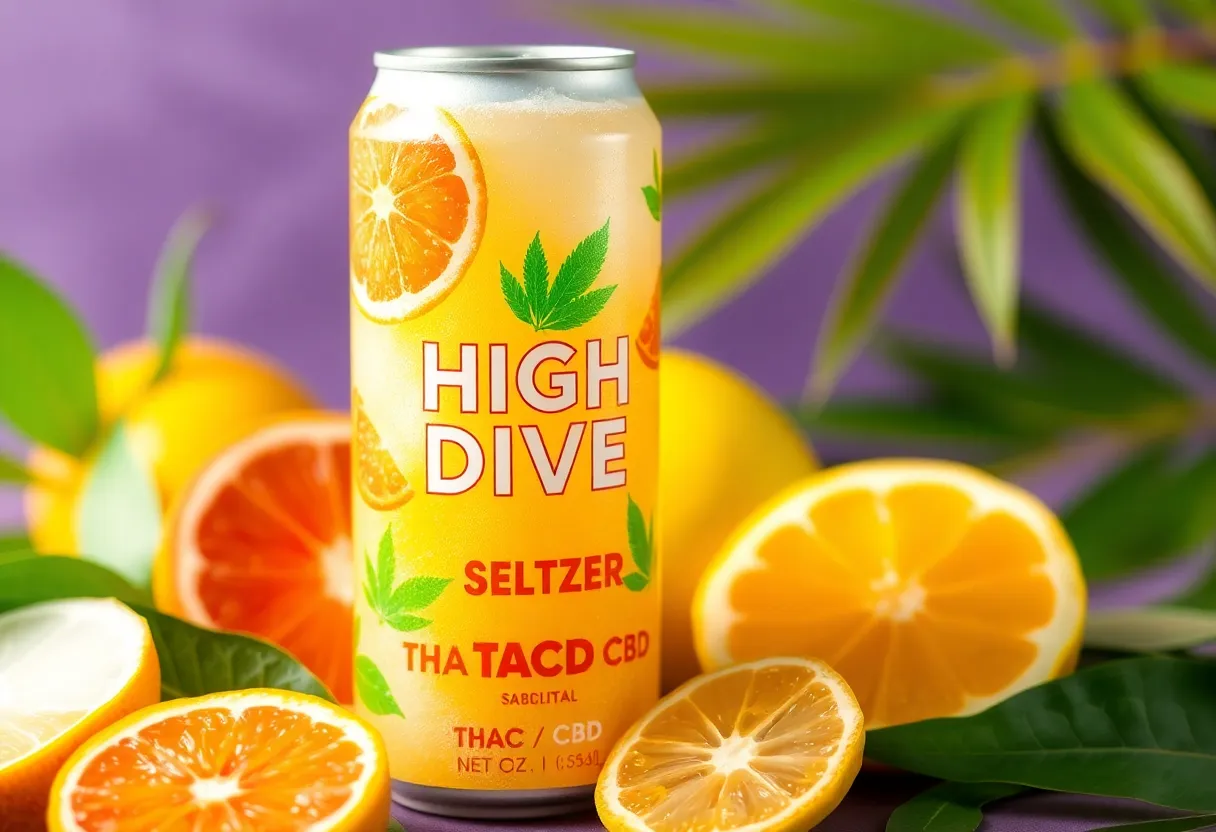 12-ounce can of High Dive THC-infused beverage surrounded by tropical fruits.