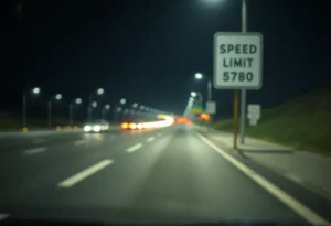 A highway at night depicting speed limit signs, representing traffic safety issues.
