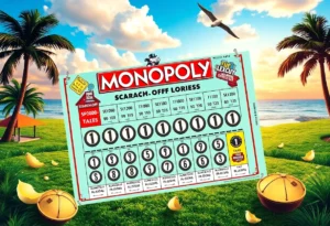 Monopoly themed lottery scratch-off ticket with cash prizes