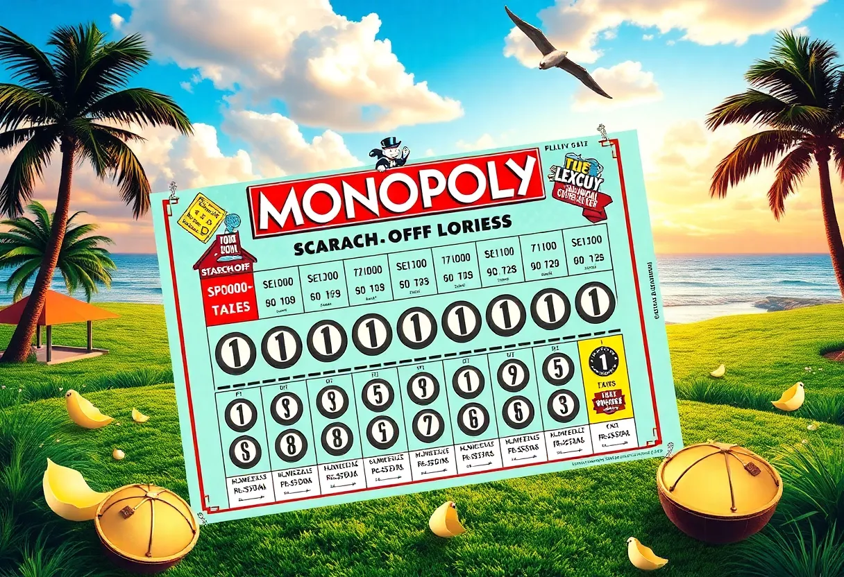 Monopoly themed lottery scratch-off ticket with cash prizes
