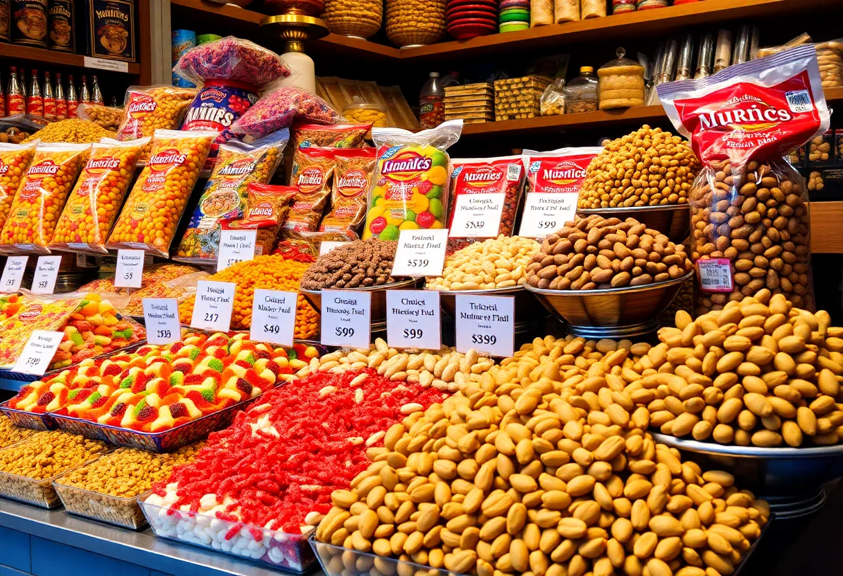 A variety of Middle Eastern snacks displayed in a shop.