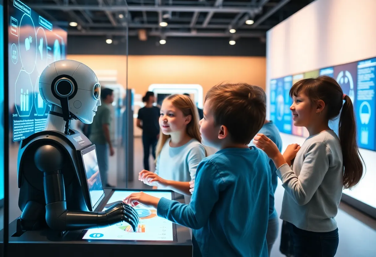 Family interacting with AI exhibit at MOSI