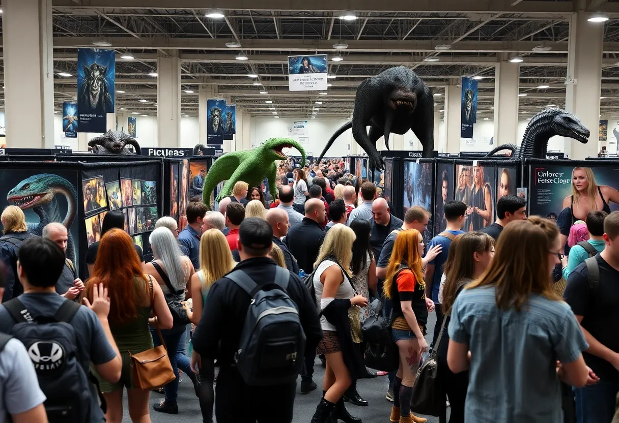 Con attendees enjoying the Necronomicon Convention with themed artwork and displays.