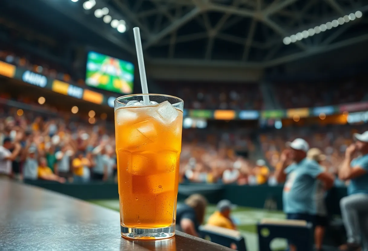 A glass of iced tea at a sports event
