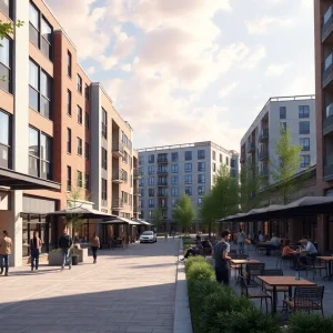 Conceptual rendering of Rithm at Uptown showing community layout and amenities.