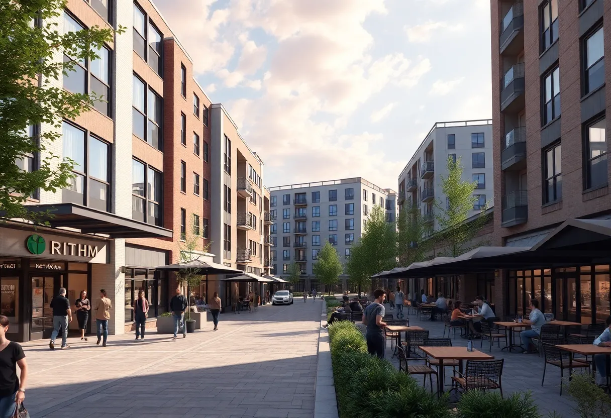 Conceptual rendering of Rithm at Uptown showing community layout and amenities.