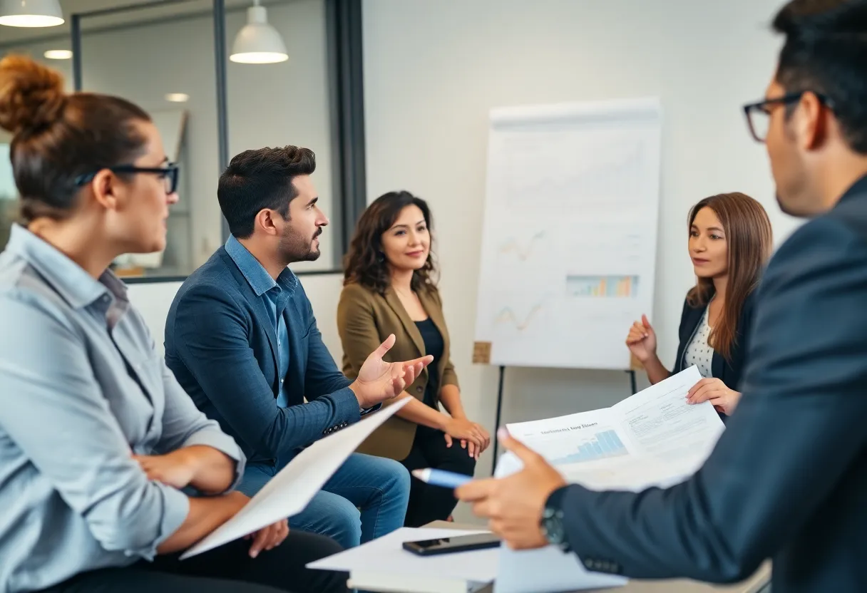 Entrepreneurs engaged in a business consulting session