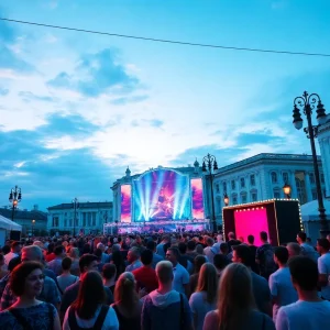 Crowds enjoying diverse performances at a St. Petersburg weekend festival.