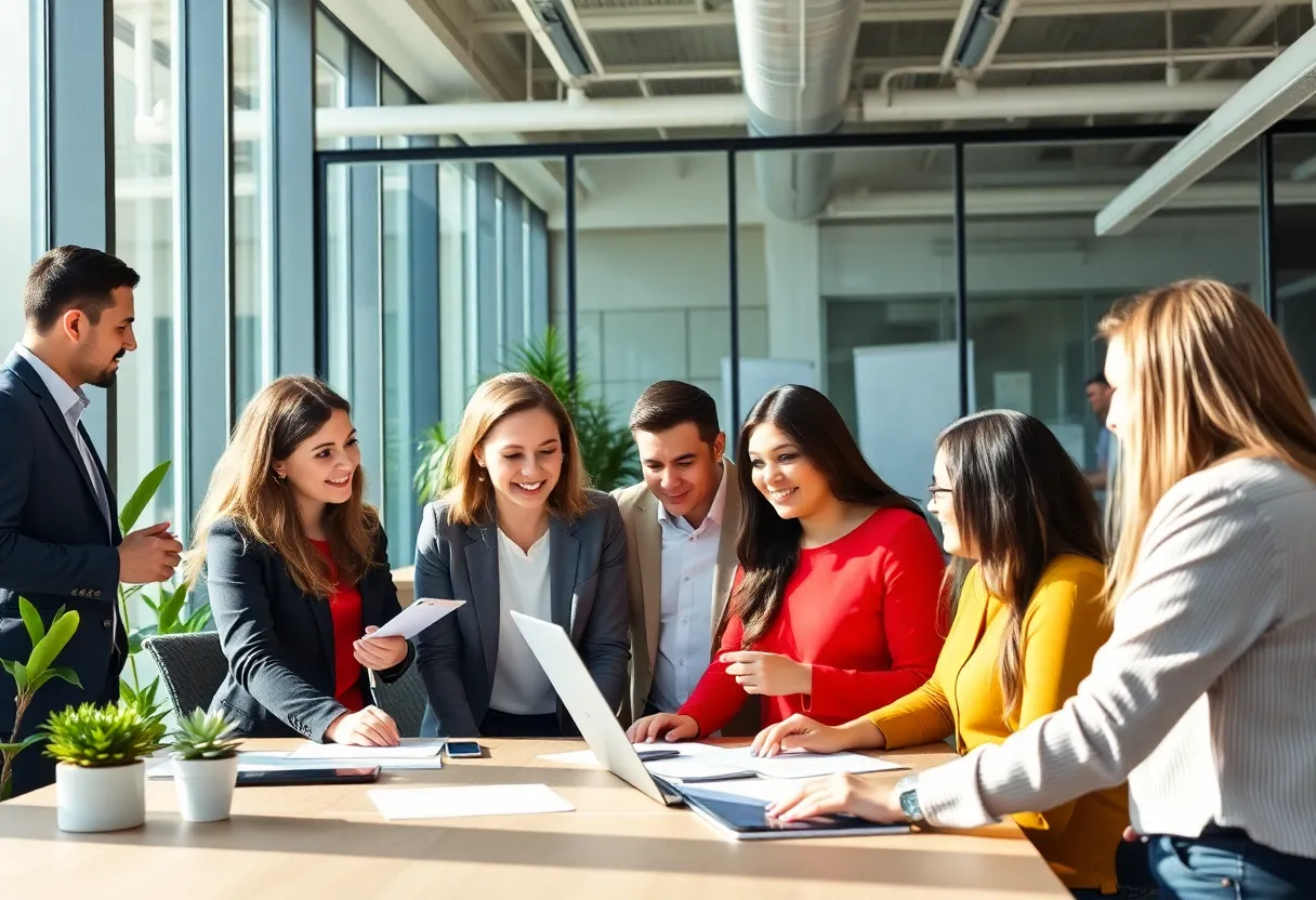 Employees collaborating in a modern office setting representing an insurance merger